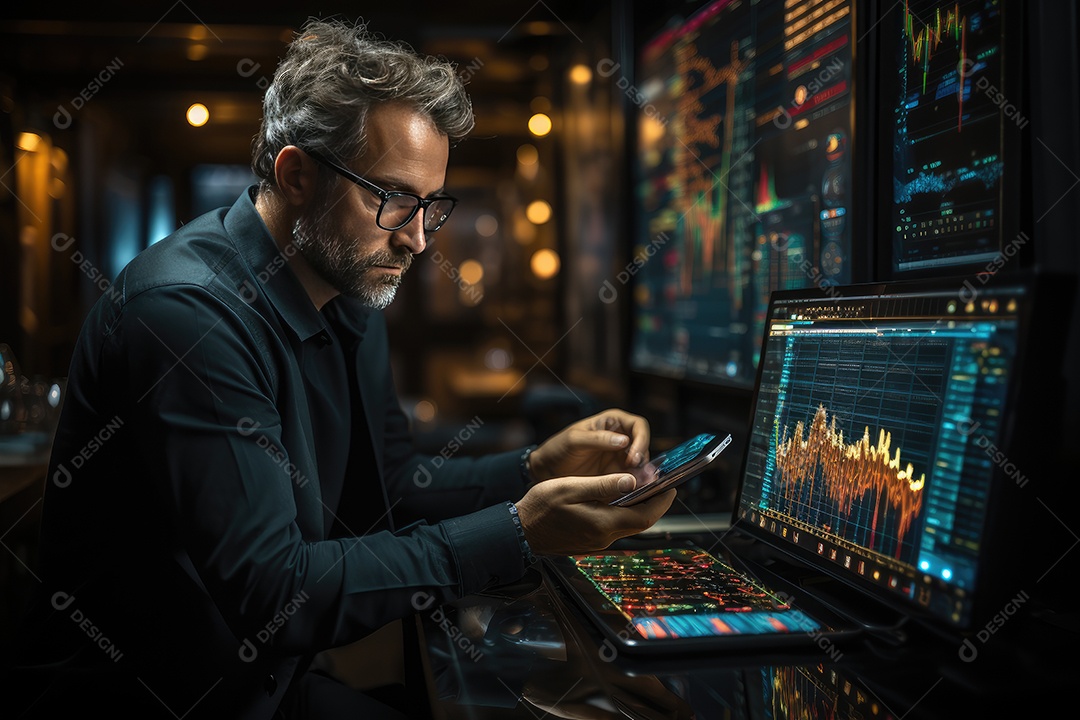 Homem empresário na frente de computador com gráficos de ações