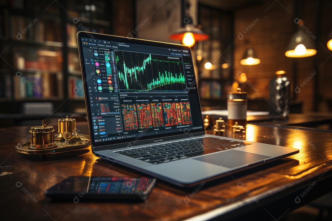 Escritório com laptop aberto e gráfico financeiros