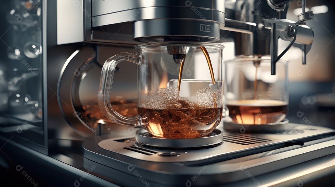 Umas xícaras sendo enchida com chá por uma máquina