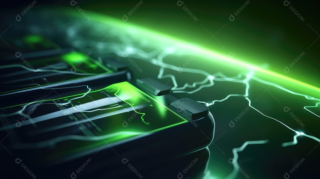 A imagem apresenta uma placa de circuito eletrônico com trilhas iluminadas