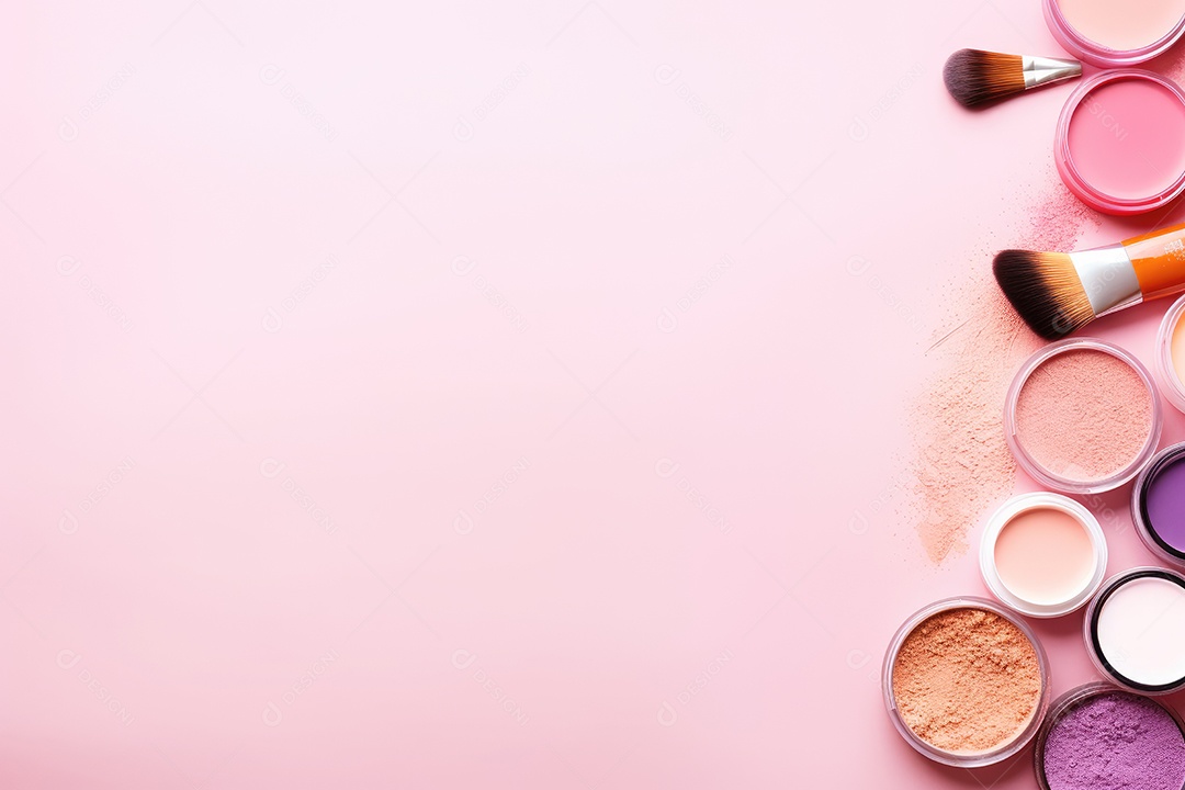 A imagem mostra vários produtos de maquiagem em tons de rosa