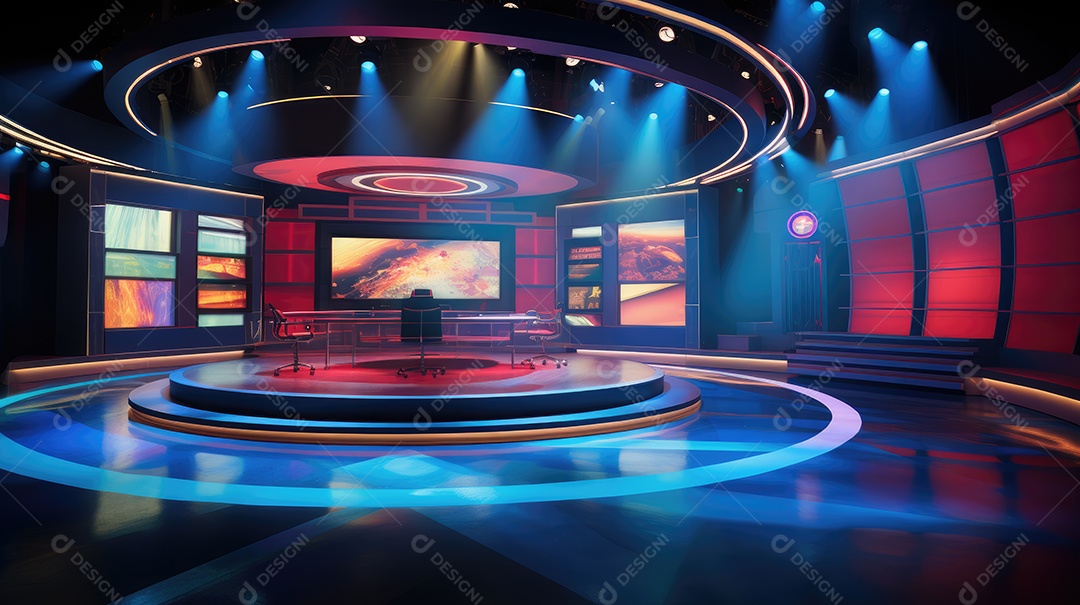 O estúdio possui um palco redondo com uma mesa em forma de meia lua