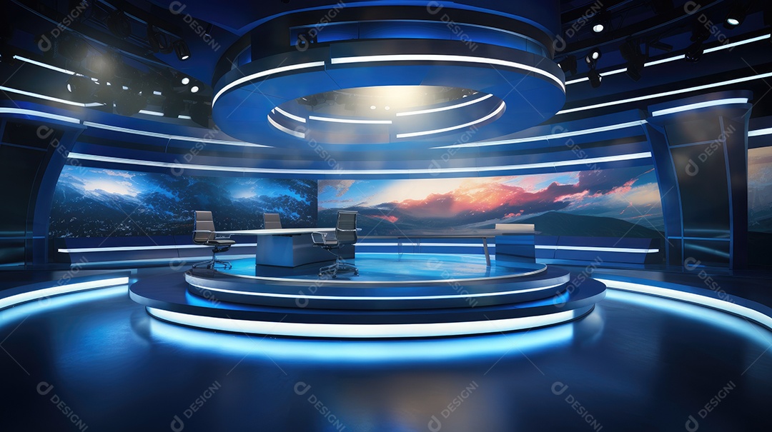 O estúdio possui um palco redondo com uma mesa em forma de meia lua