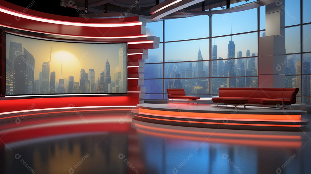 O estúdio possui um palco redondo com uma mesa em forma de meia lua