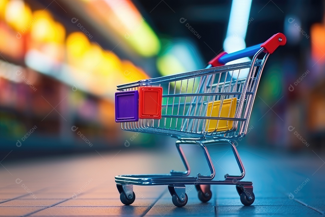 Carrinho de compra vazio no corredor de supermercado