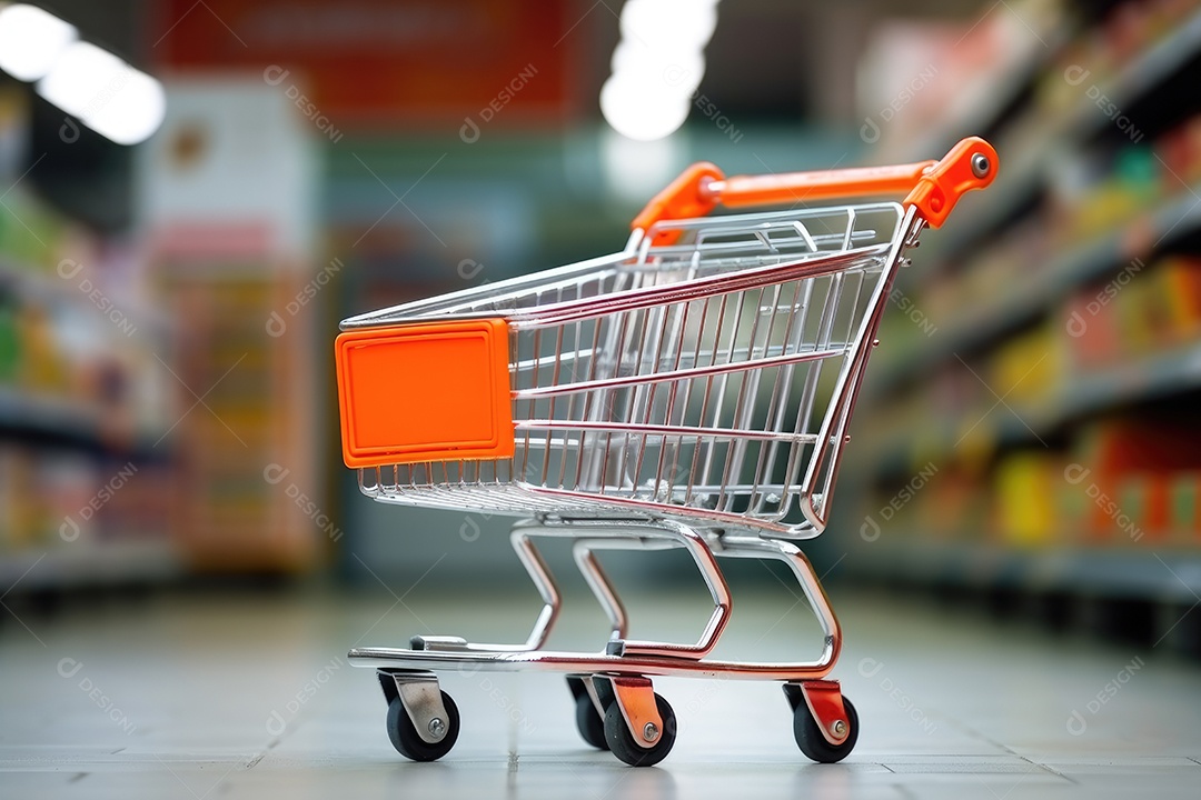 Carrinho de compras vazio no corredor de um supermercado