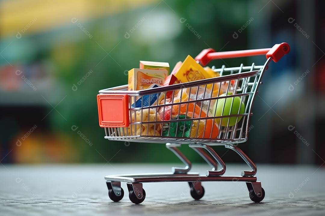 Carrinho de compra com alimentos de um supermercado