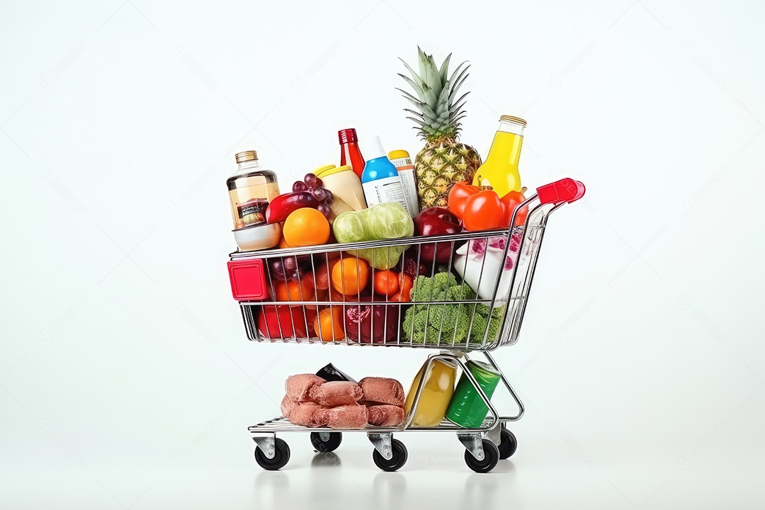 Carrinho de compra com alimentos de um supermercado