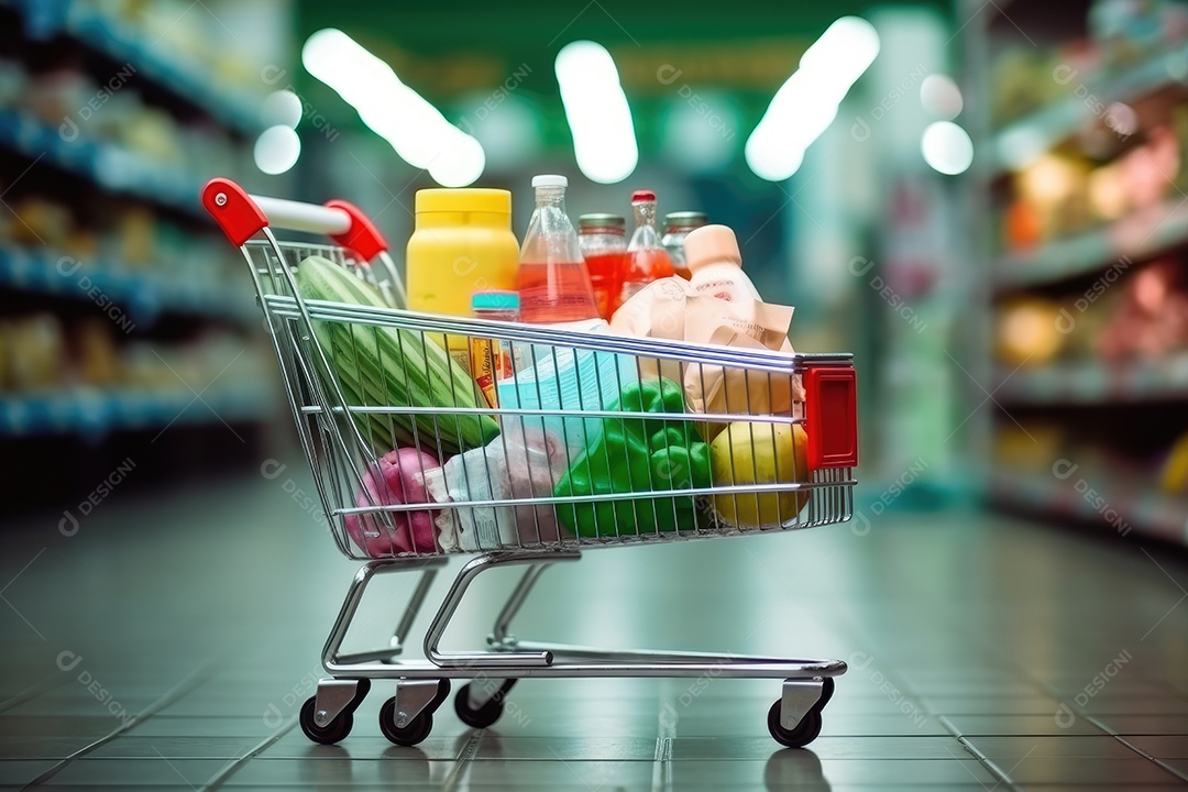 Carrinho de compras cheio no corredor de um supermercado