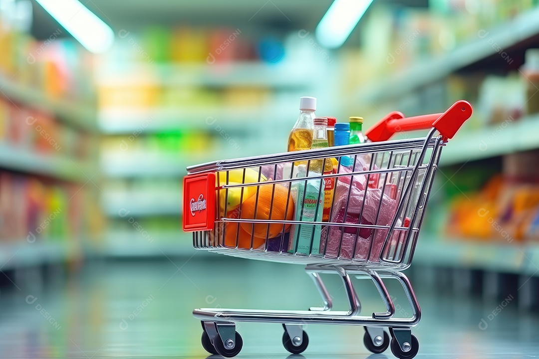 Carrinho de compras no corredor de supermercado