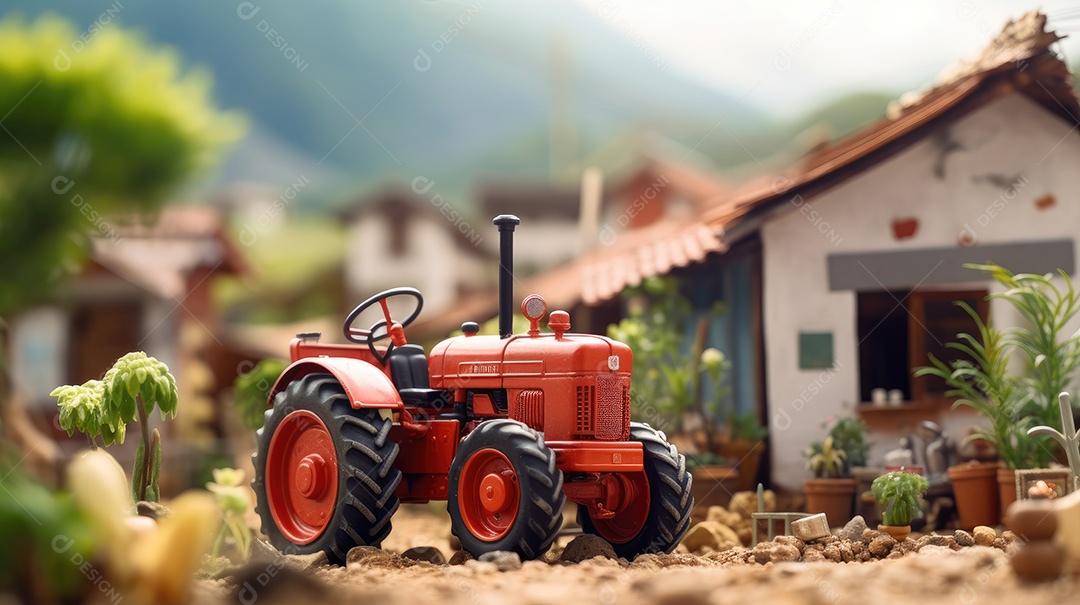 O trator é vermelho com pneus pretos e está posicionado em frente a uma casa de brinquedo