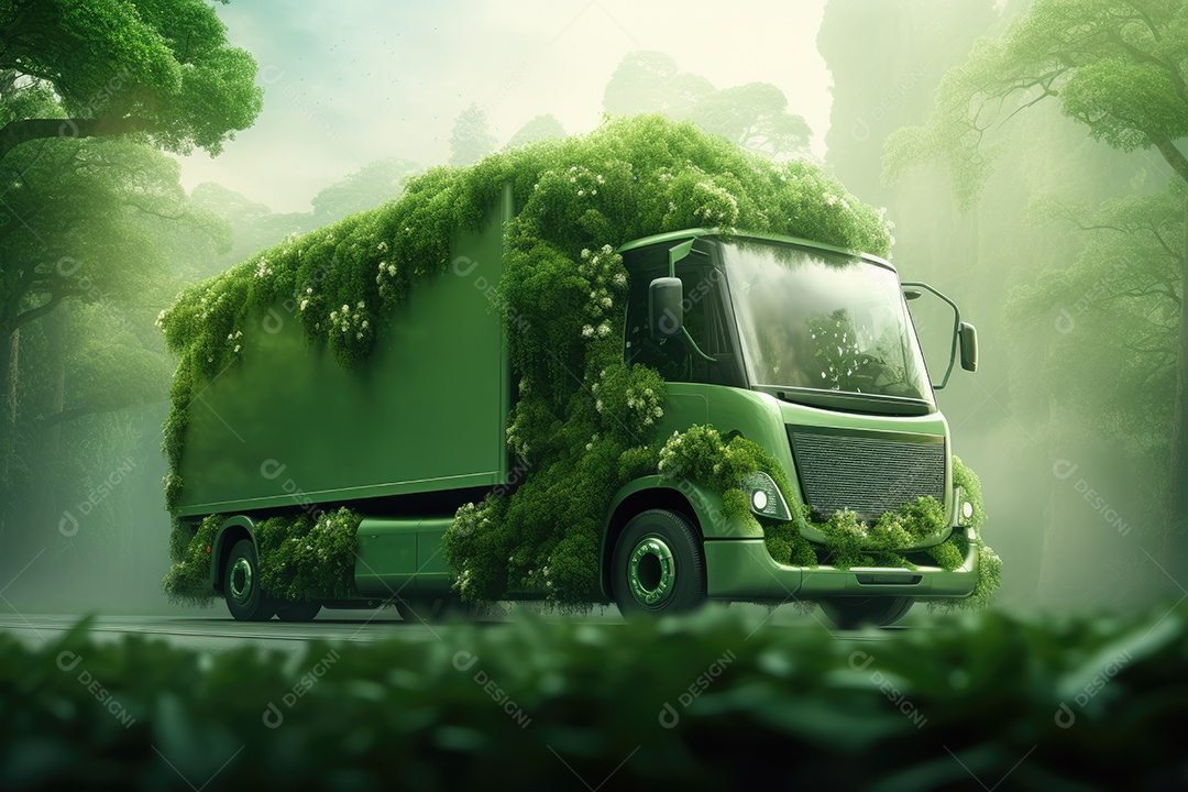 Caminhão verde futurista em rodovia