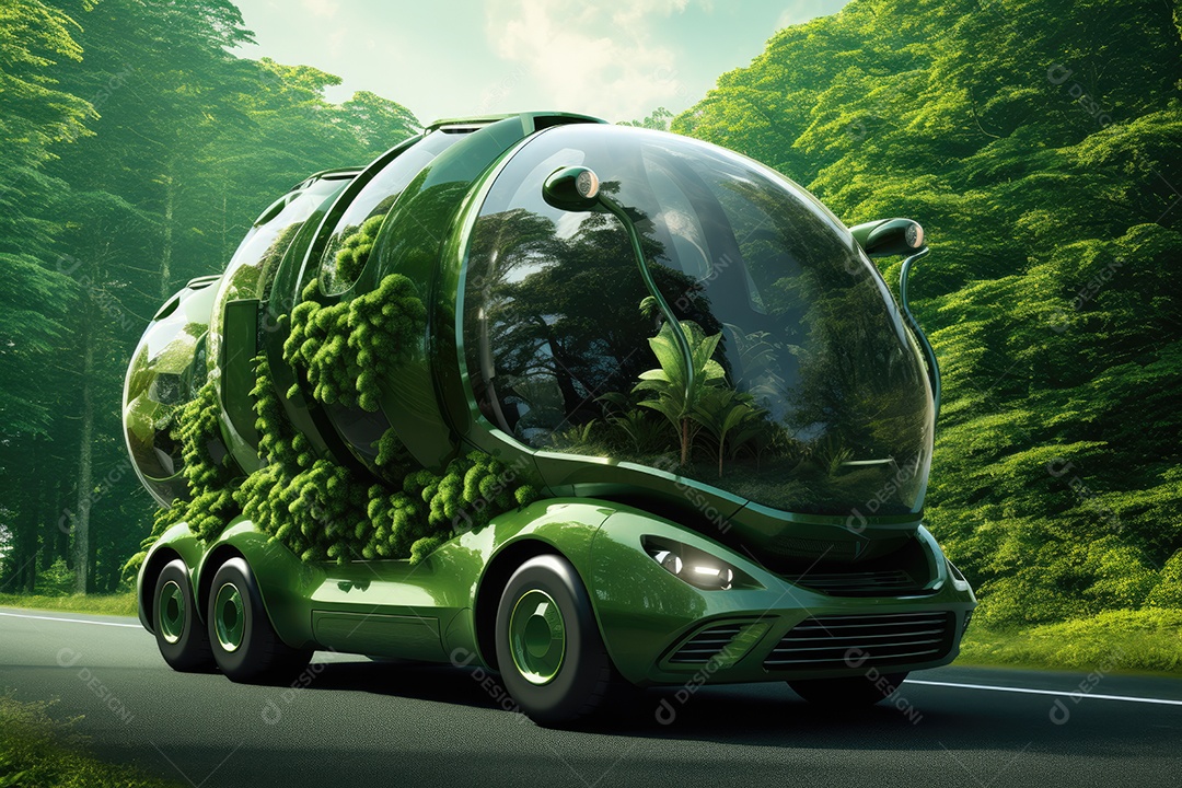 Caminhão futurista verde em rodovia