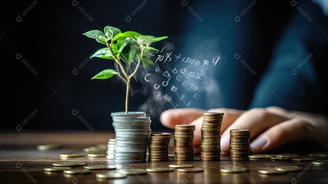 Moedas empilhadas com planta nascendo conceito de crescimento financeiro