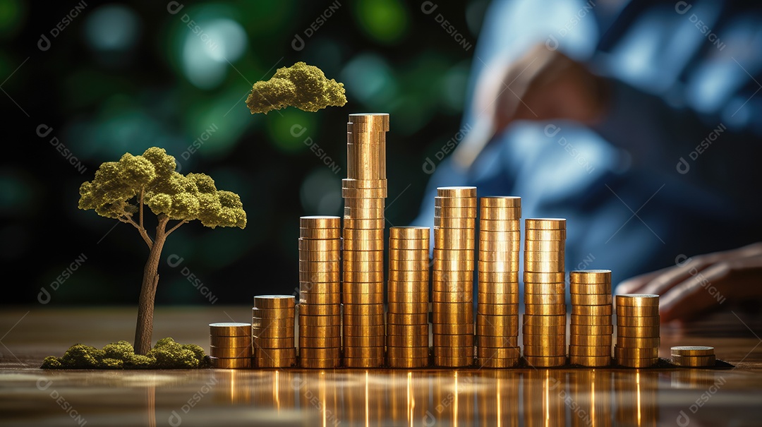 Moedas empilhadas com planta nascendo conceito de crescimento financeiro