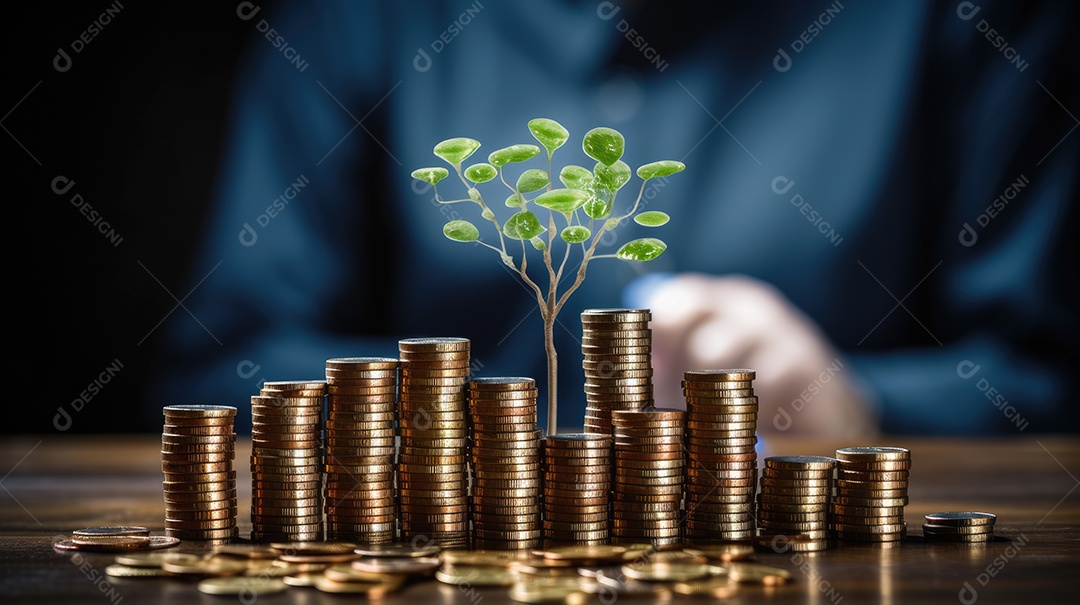 Moedas empilhadas com planta nascendo conceito de crescimento financeiro
