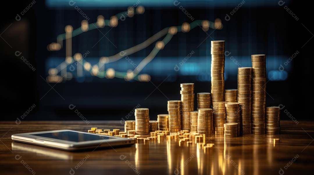 Pilhas de moedas de bitcoin com fundo de gráfico