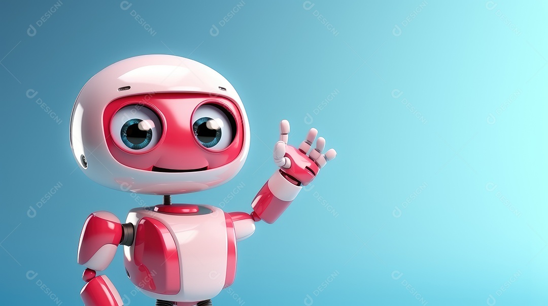 Um mini robô vermelho com branco sobre fundo azul