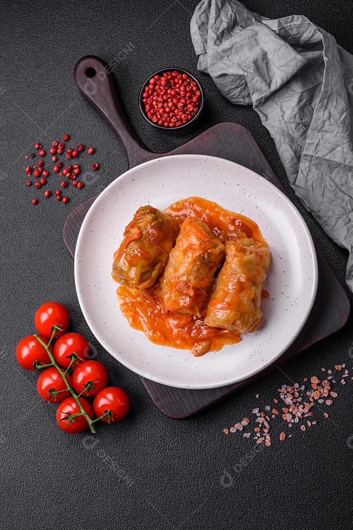 Delicioso dolma em molho de tomate com cenoura, cebola, sal, especiarias e ervas sobre um fundo escuro de concreto