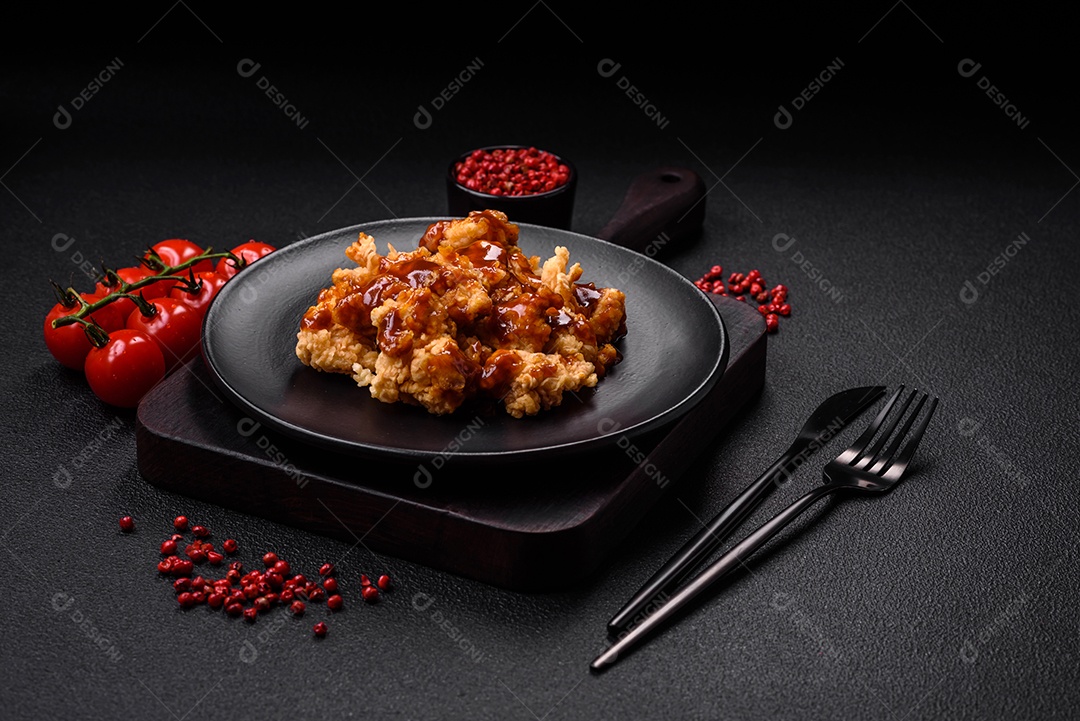 Delicioso frango fresco e suculento ou kebab de porco em espetos com sal e especiarias sobre um fundo escuro de concreto