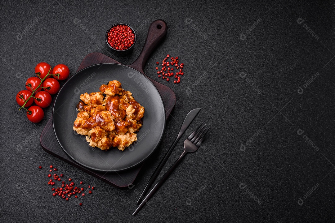 Deliciosas mordidas suculentas de carne de frango grelhado com sal, especiarias e ervas em um fundo escuro de concreto