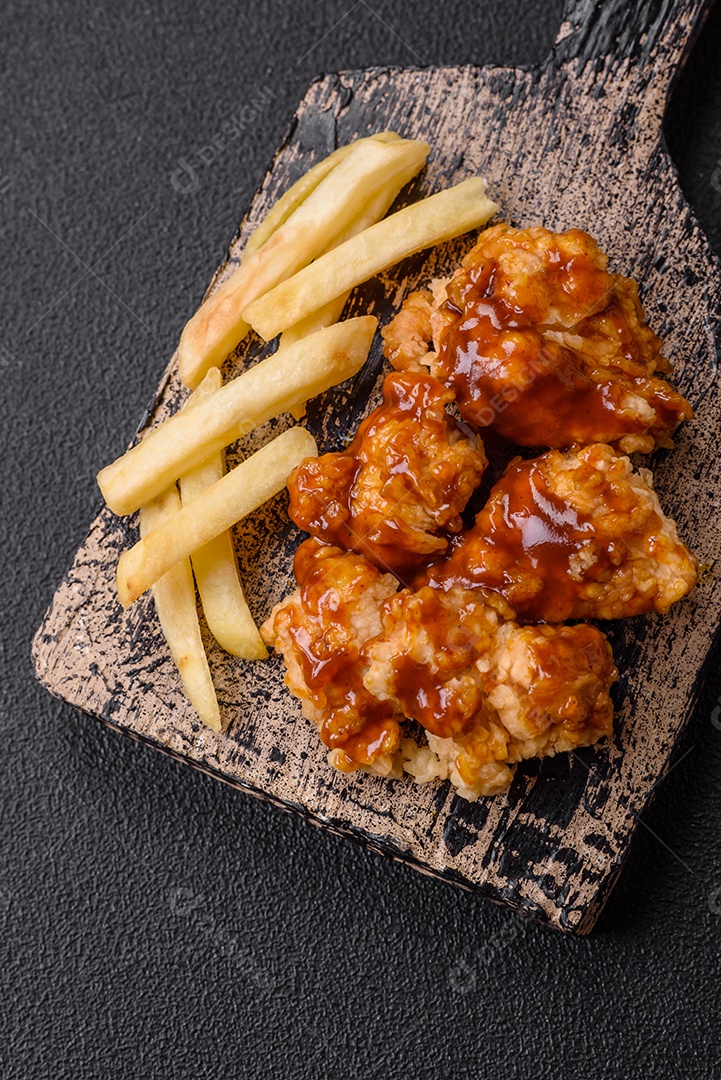 Deliciosas mordidas suculentas de carne de frango grelhado com sal, especiarias e ervas em um fundo escuro de concreto