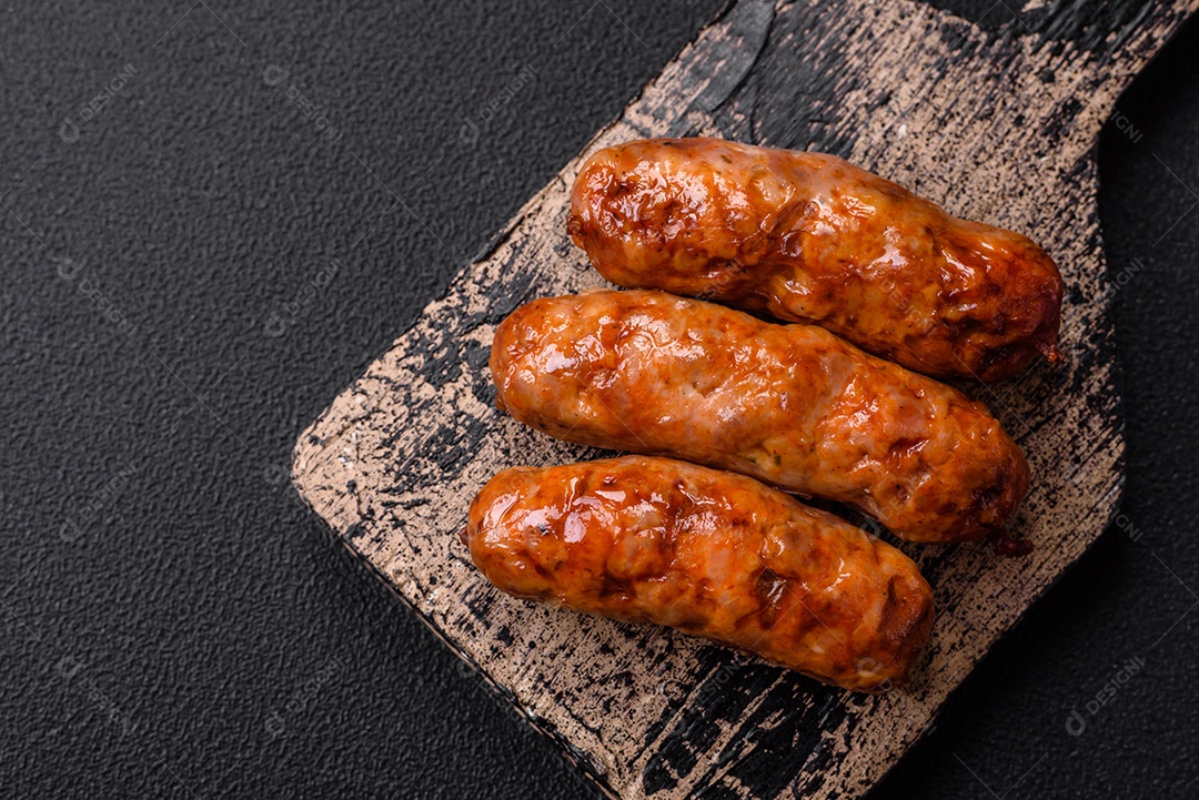 Deliciosas salsichas grelhadas suculentas com sal, especiarias e ervas sobre um fundo escuro de concreto