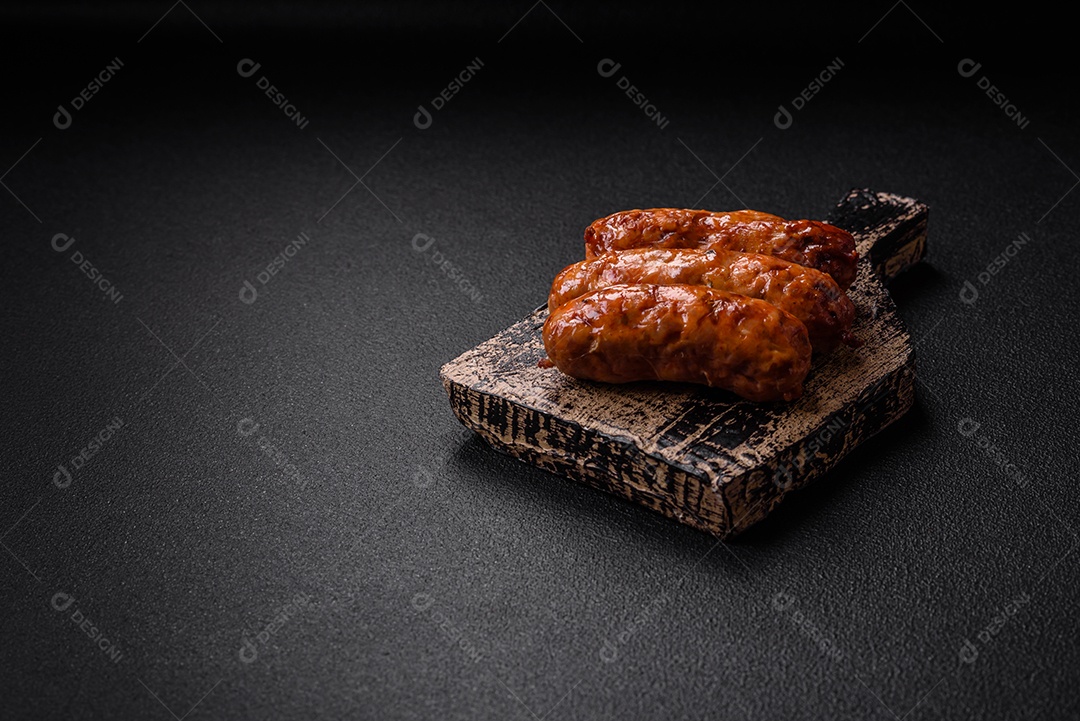 Deliciosas salsichas grelhadas suculentas com sal, especiarias e ervas sobre um fundo escuro de concreto