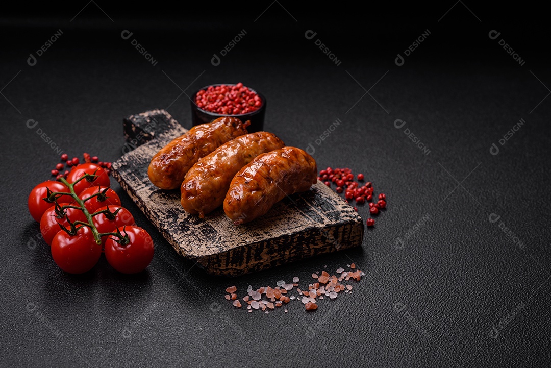Deliciosas salsichas grelhadas suculentas com sal, especiarias e ervas sobre um fundo escuro de concreto