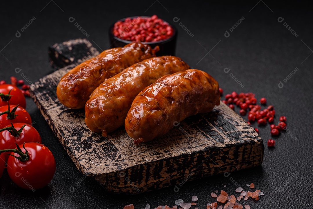 Deliciosas salsichas grelhadas suculentas com sal, especiarias e ervas sobre um fundo escuro de concreto