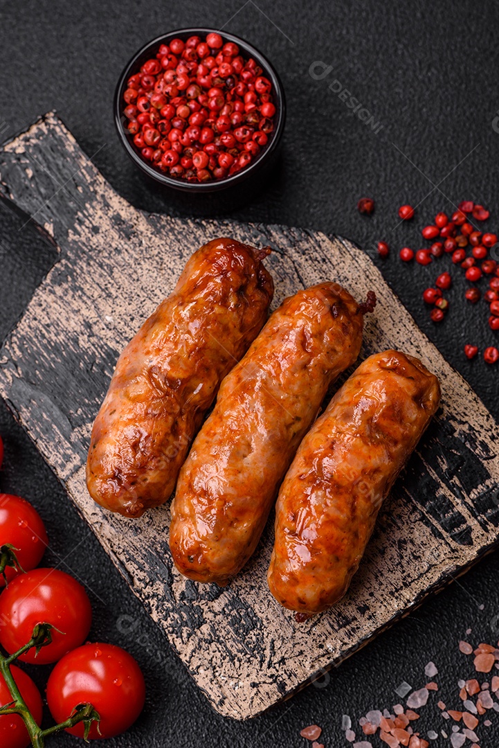 Deliciosas salsichas grelhadas suculentas com sal, especiarias e ervas sobre um fundo escuro de concreto