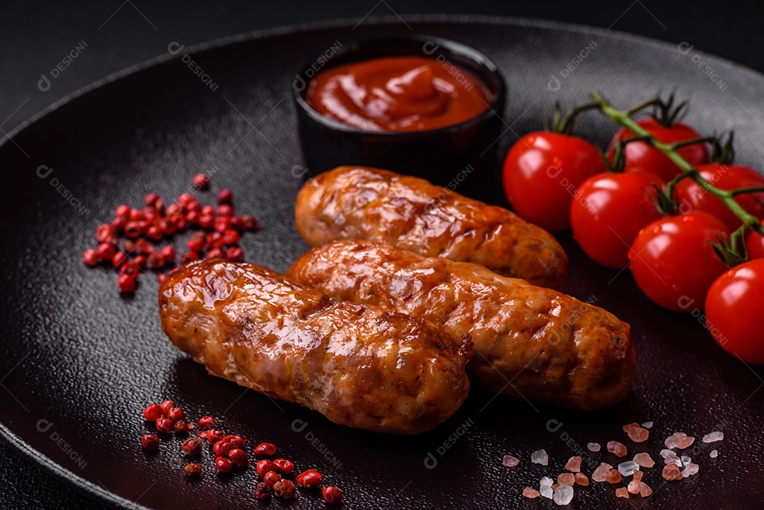 Deliciosas salsichas grelhadas suculentas com sal, especiarias e ervas sobre um fundo escuro de concreto