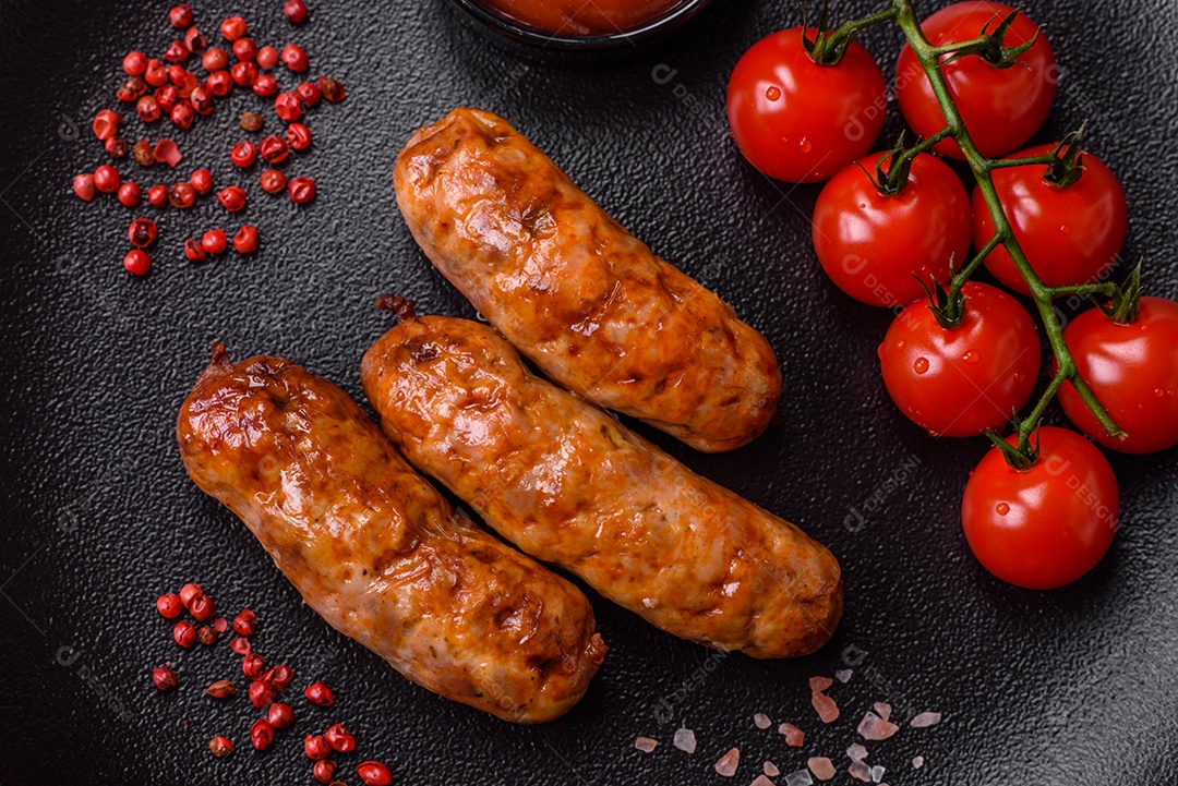 Deliciosas salsichas grelhadas suculentas com sal, especiarias e ervas sobre um fundo escuro de concreto