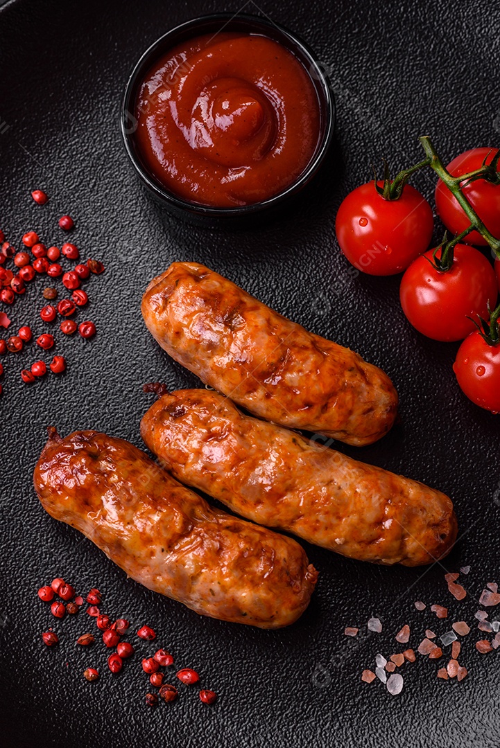 Deliciosas salsichas grelhadas suculentas com sal, especiarias e ervas sobre um fundo escuro de concreto