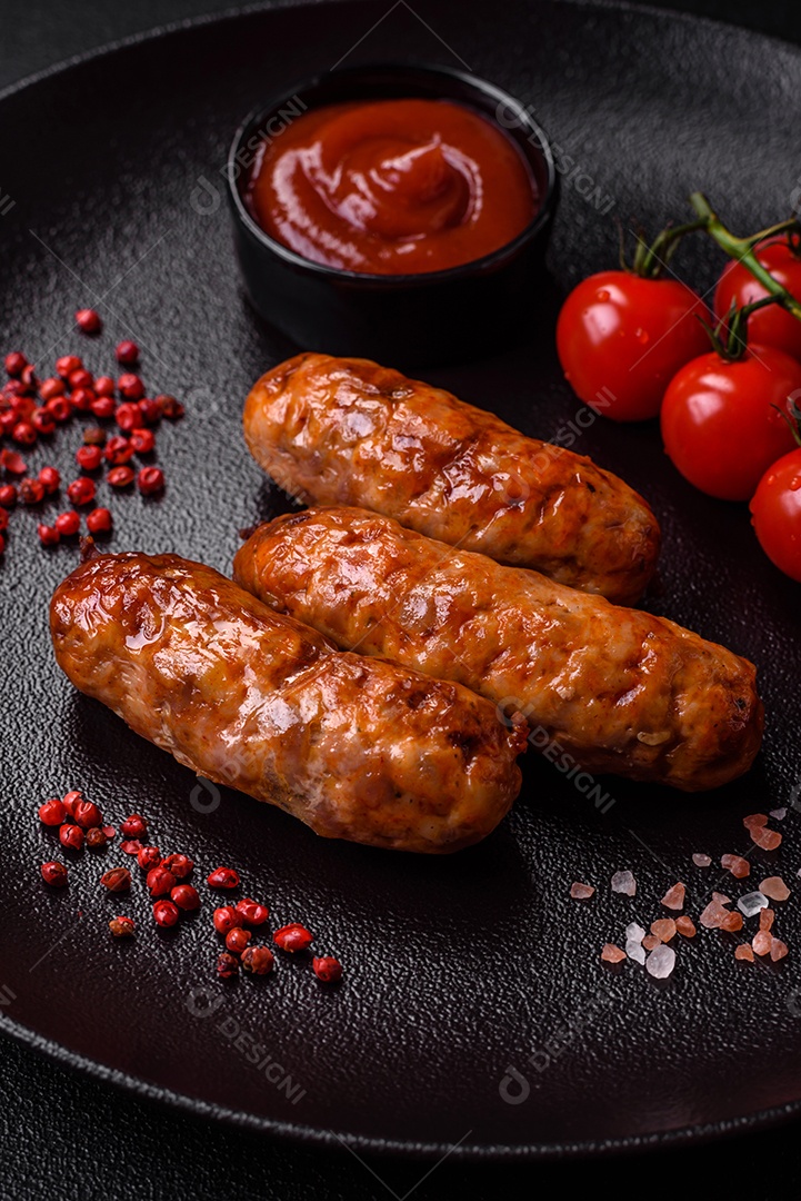 Deliciosas salsichas grelhadas suculentas com sal, especiarias e ervas sobre um fundo escuro de concreto