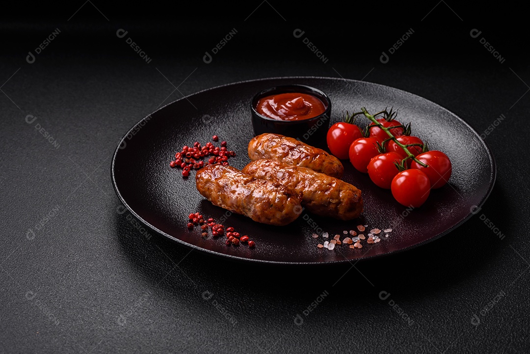 Deliciosas salsichas grelhadas suculentas com sal, especiarias e ervas sobre um fundo escuro de concreto