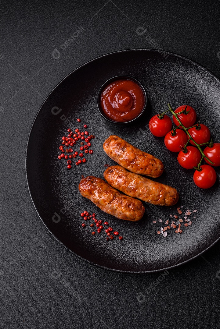 Deliciosas salsichas grelhadas suculentas com sal, especiarias e ervas sobre um fundo escuro de concreto