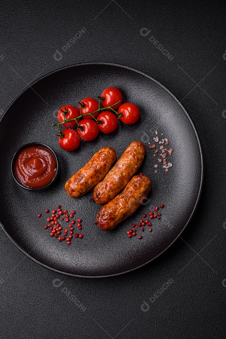 Deliciosas salsichas grelhadas suculentas com sal, especiarias e ervas sobre um fundo escuro de concreto