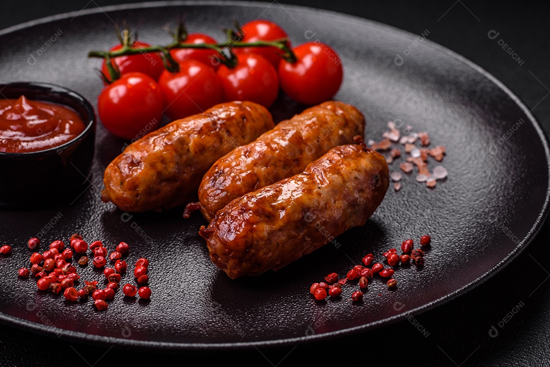 Deliciosas salsichas grelhadas suculentas com sal, especiarias e ervas sobre um fundo escuro de concreto