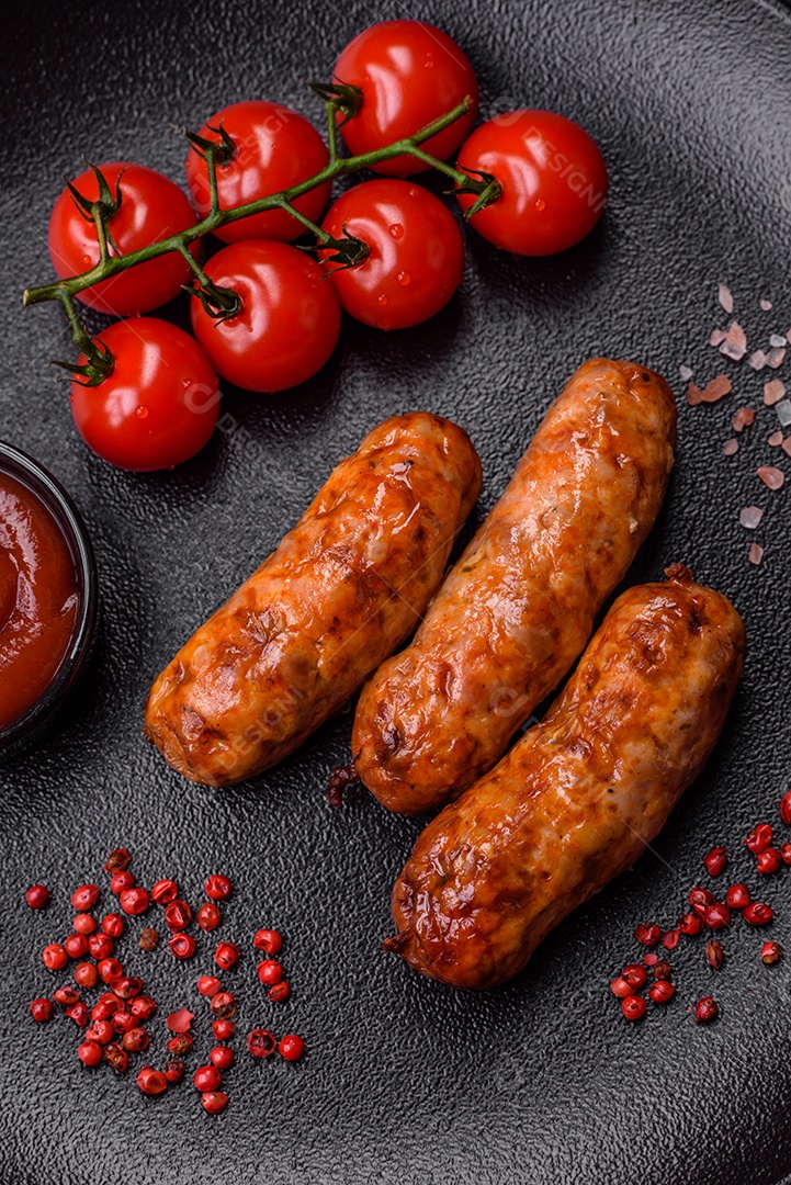 Deliciosas salsichas grelhadas suculentas com sal, especiarias e ervas sobre um fundo escuro de concreto