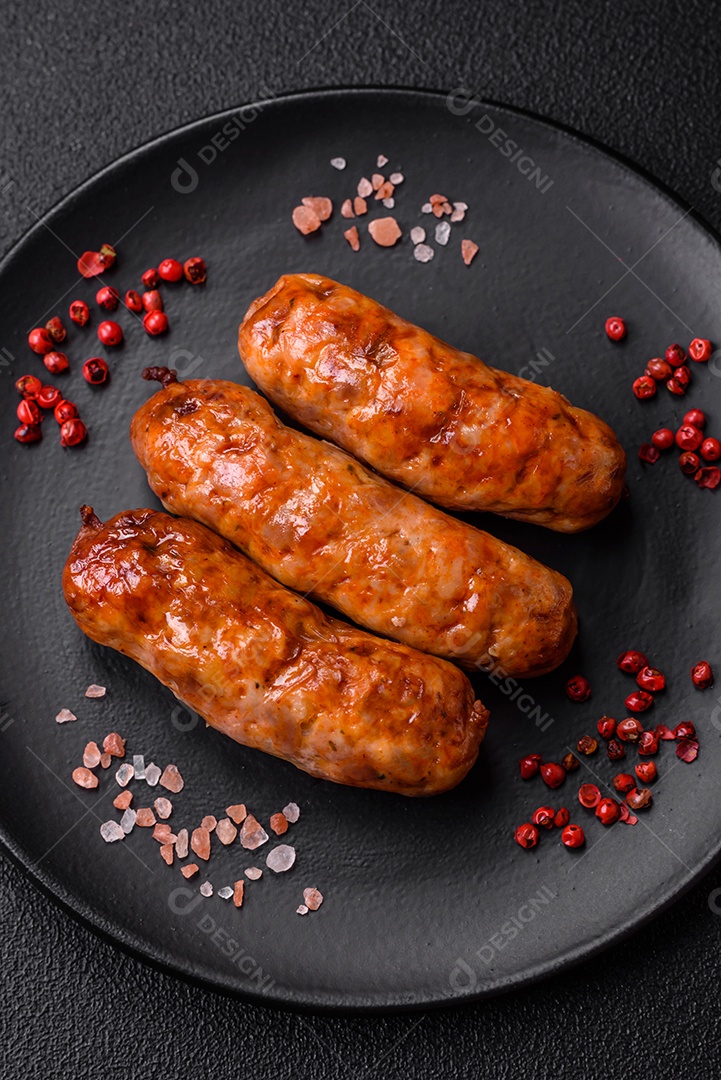 Deliciosas salsichas grelhadas suculentas com sal, especiarias e ervas sobre um fundo escuro de concreto