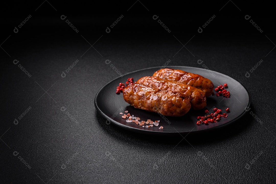 Deliciosas salsichas grelhadas suculentas com sal, especiarias e ervas sobre um fundo escuro de concreto