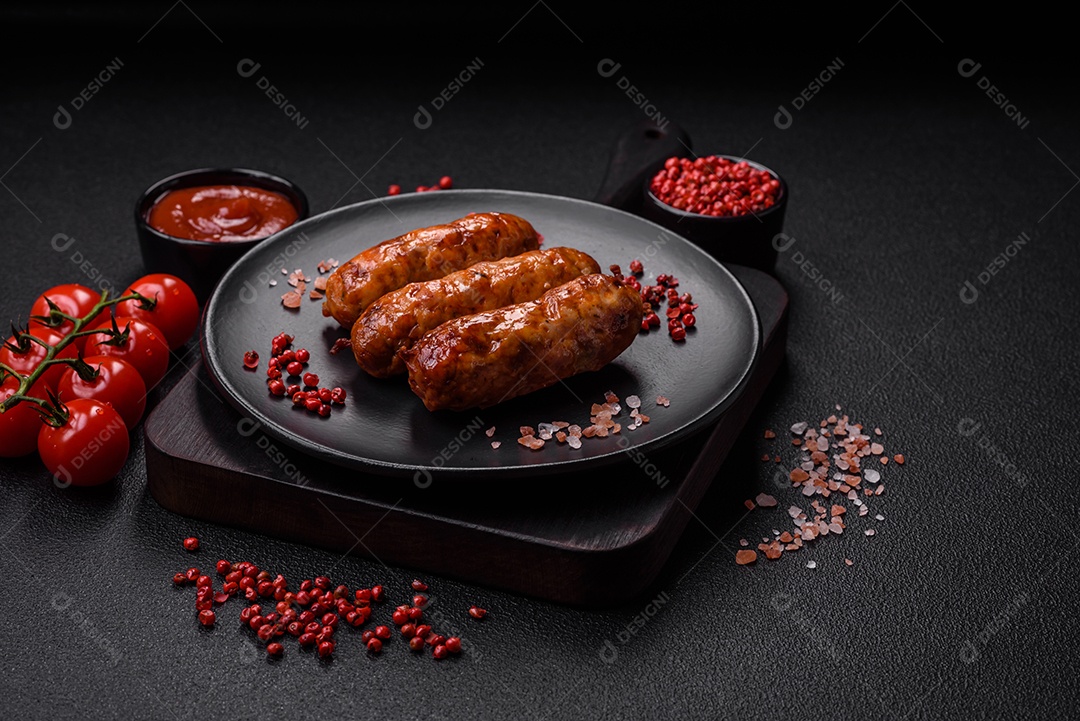 Deliciosas salsichas grelhadas suculentas com sal, especiarias e ervas sobre um fundo escuro de concreto