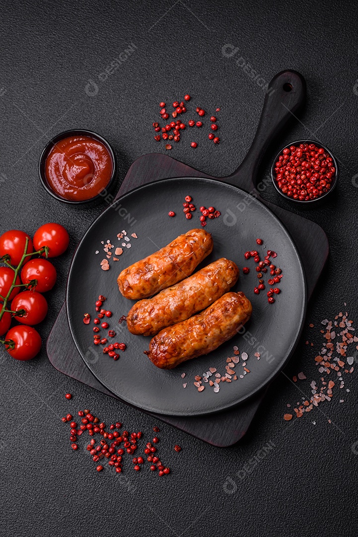 Deliciosas salsichas grelhadas suculentas com sal, especiarias e ervas sobre um fundo escuro de concreto