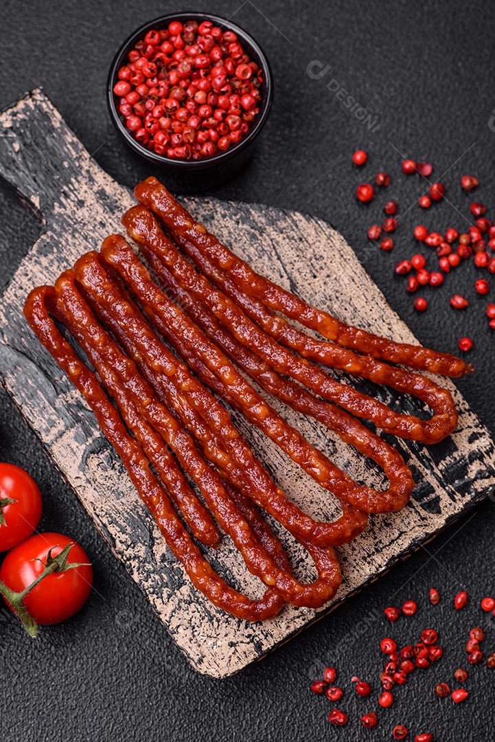 Deliciosas salsichas de caça defumadas com sal, especiarias e ervas sobre um fundo escuro de concreto