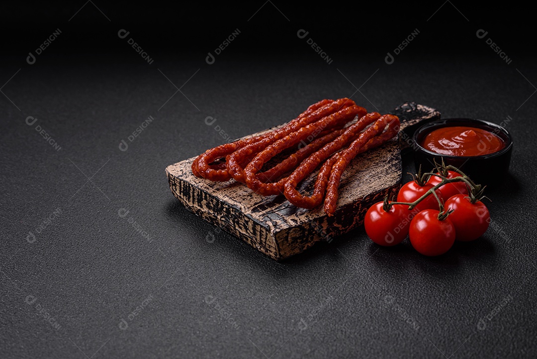 Deliciosas salsichas de caça defumadas com sal, especiarias e ervas sobre um fundo escuro de concreto