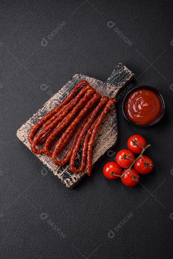 Deliciosas salsichas de caça defumadas com sal, especiarias e ervas sobre um fundo escuro de concreto