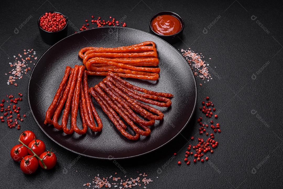 Deliciosas salsichas de caça defumadas com sal, especiarias e ervas sobre um fundo escuro de concreto