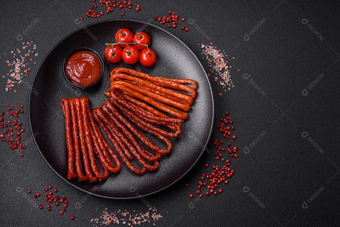 Deliciosas salsichas de caça defumadas com sal, especiarias e ervas sobre um fundo escuro de concreto