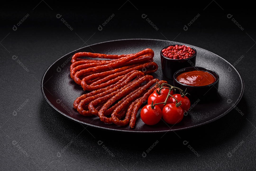 Deliciosas salsichas de caça defumadas com sal, especiarias e ervas sobre um fundo escuro de concreto